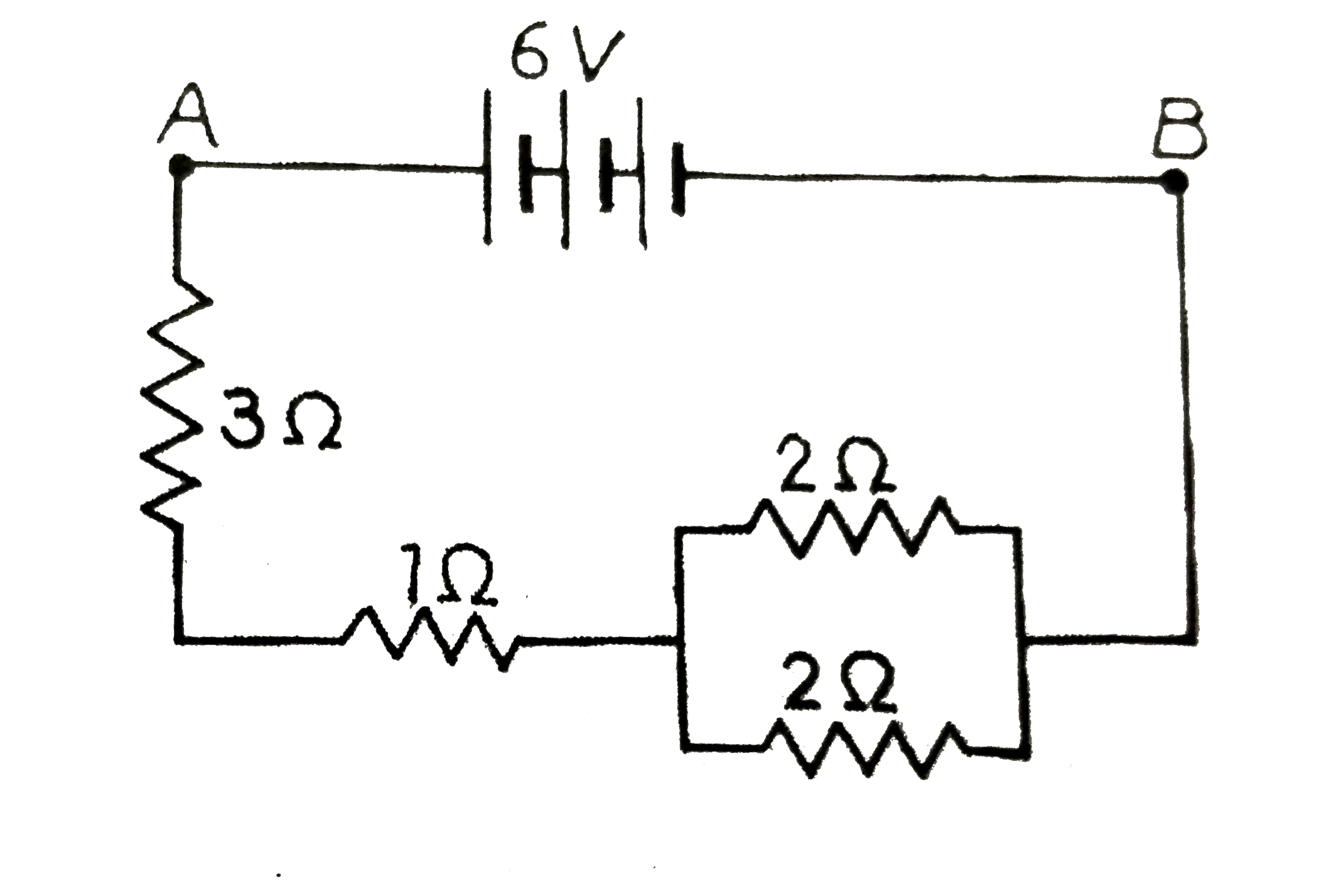 संलग्न  परिपथ  में ज्ञात  कीजिये  -  (i ) A तथा B  बिन्दुओ में मध्य  तुल्य  - प्रतिरोध  (ii )  परिपथ   में धारा ,(iii )  3  Omega    के प्रतिरोध  के सिरों  पर  विभवान्तर  ।