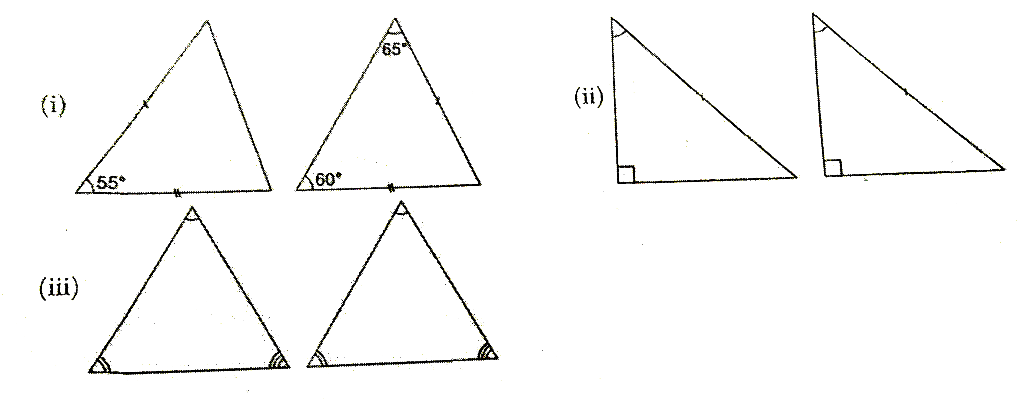 Which of the following pairs of triangles are congruent ? Also state the condition of congruency in each case :      (iv) In DeltaABC and DeltaDEF, AB=EF, BC=DF and angleB=angleF   (v) In DeltaABC and DeltaPQR, AB=QR, AC=PR and angleB=angleR   (vi) In DeltaABC and DeltaPQR, angleA=angleP, AC=PR and AB=PQ   (vi) In DeltaABC and DeltaPQR, AB=QR, angle A=angle Q and AC=QP.