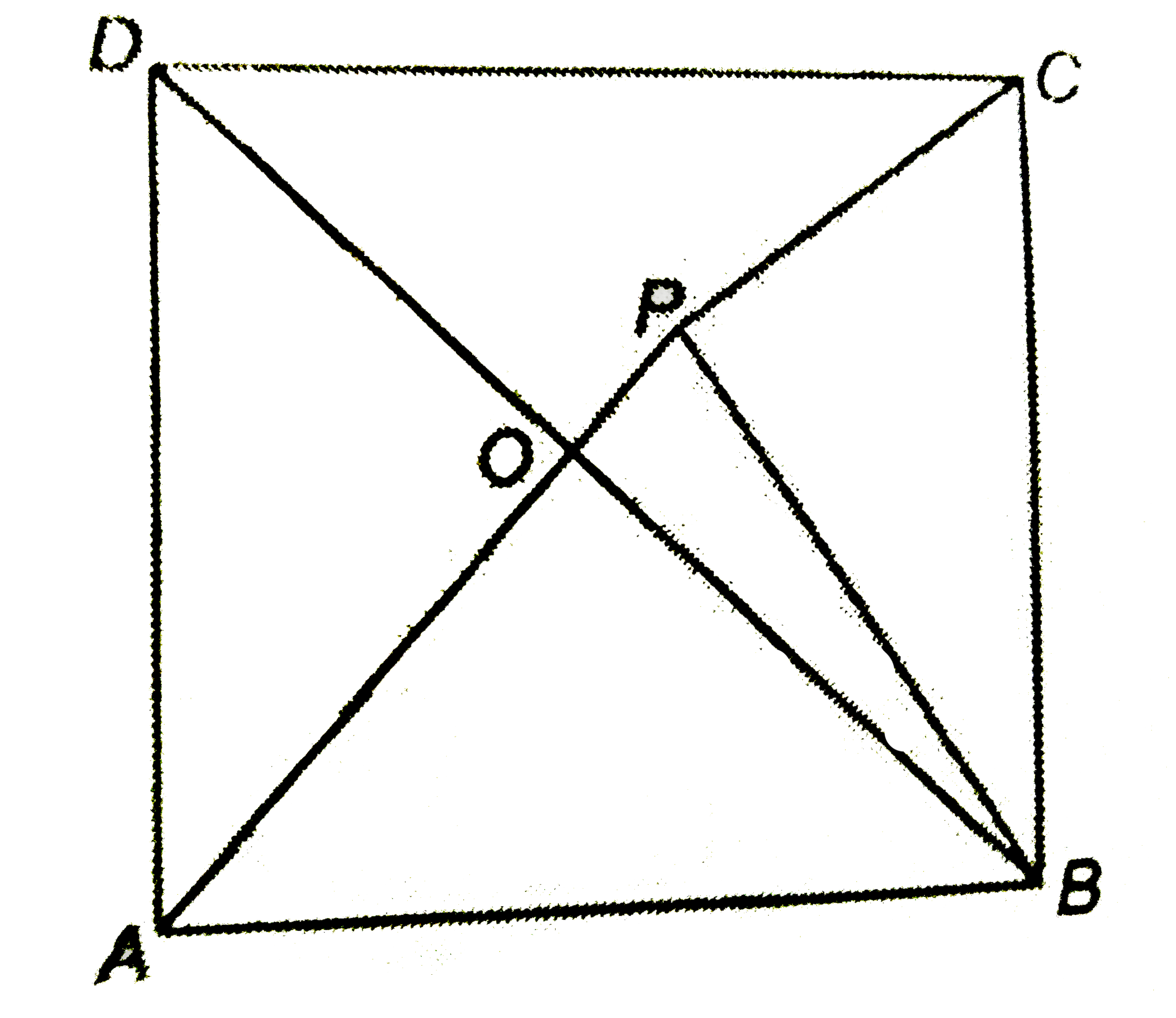 The give figure shows a square ABCD and an equilayeral teiangle APB. Calculate :   {:((1)angleAOB,(ii)angleBPC),((iii)anglePCD,(iv)
