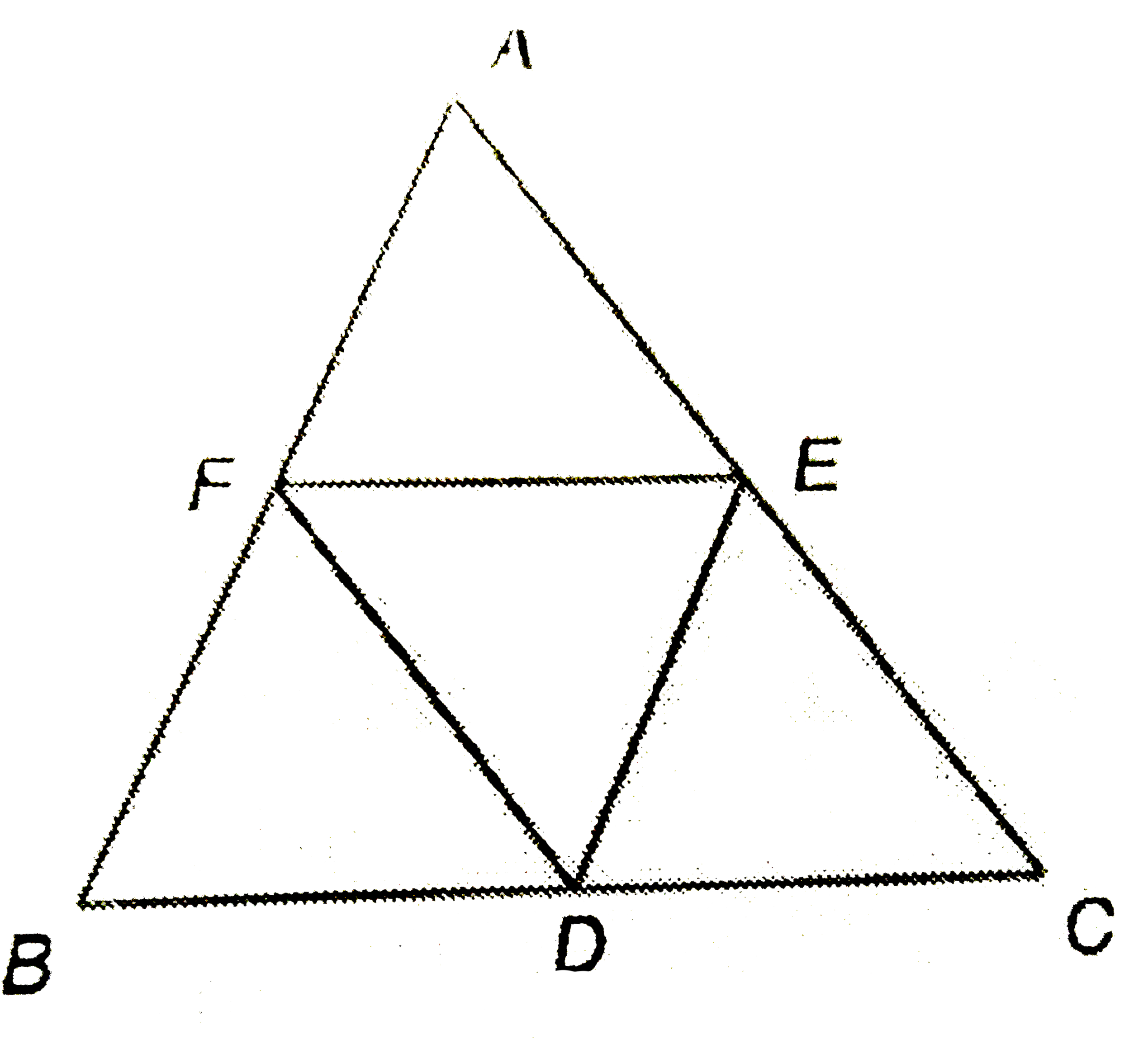 In the adjoining figure D, E and F are the mid-points of the sides BC, CA and AB of the equilateral DeltaABC. Prove that DeltaDEF is also an equilateral triangle.