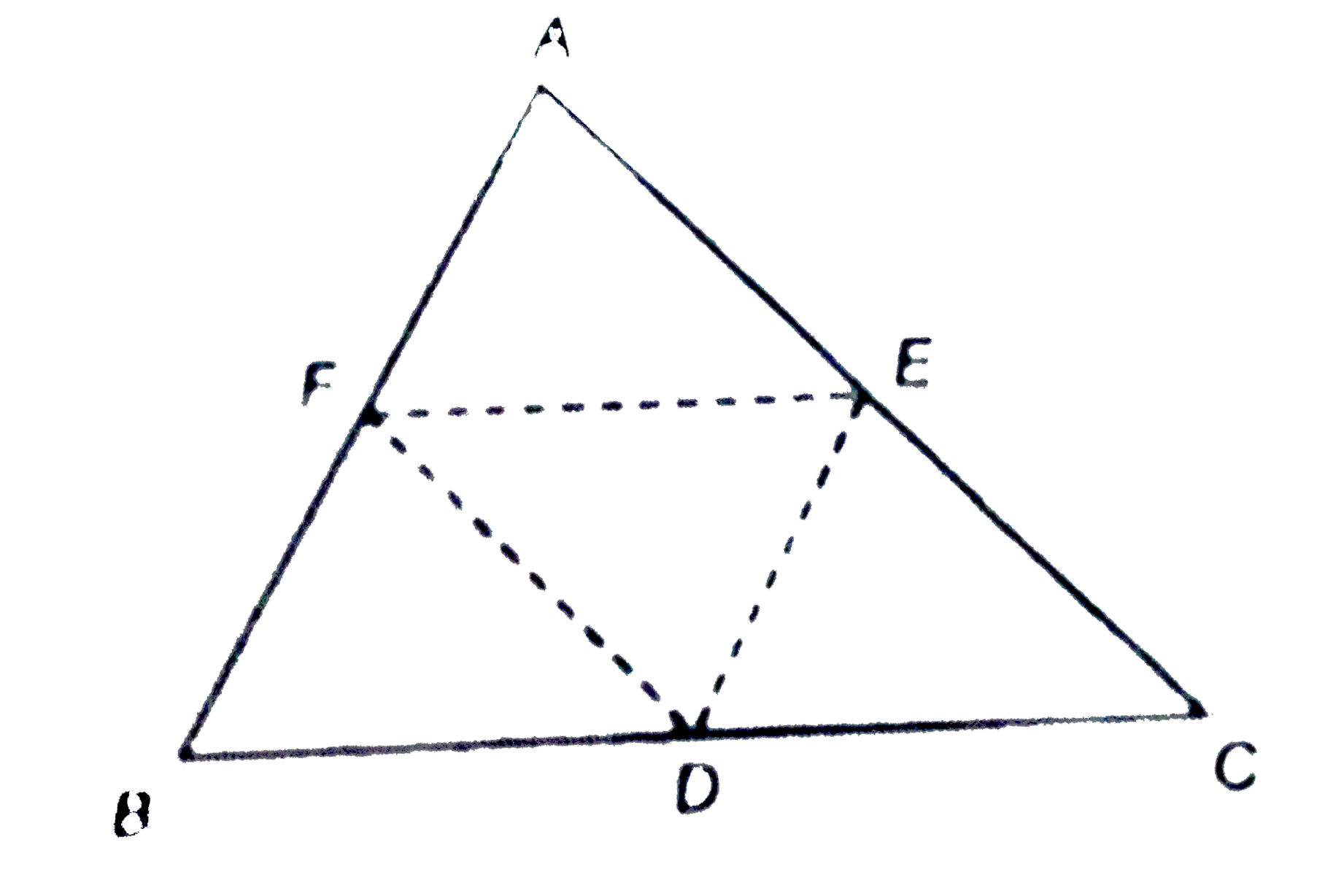 In the adjoining figure D, E and F are the mid-points of the sides BC, CA and AB respectively of Delta ABC. Prove that:   (i) square BDEF is a parallelogram   (ii) area of Delta DEF = (1)/(4) xx