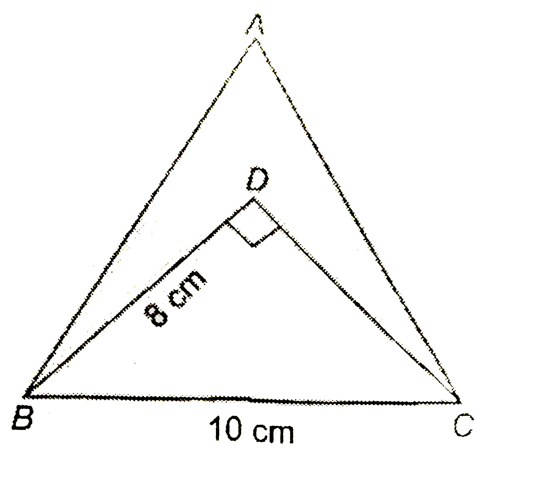 The given figure shows an equilateral  triangle  ABC whose side is 10 cm and a right-angled BDC inside it, whose side BD = 8 cm and angleD = 90^(@). Find the area of the shaded portion.
