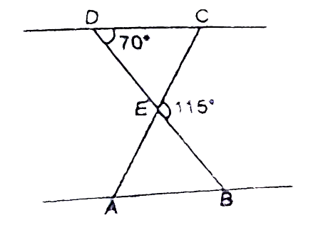 In the given figure if triangleEDC~triangleEBA, angleBEC = 115^(@) and angleEDC= 70^(@) .