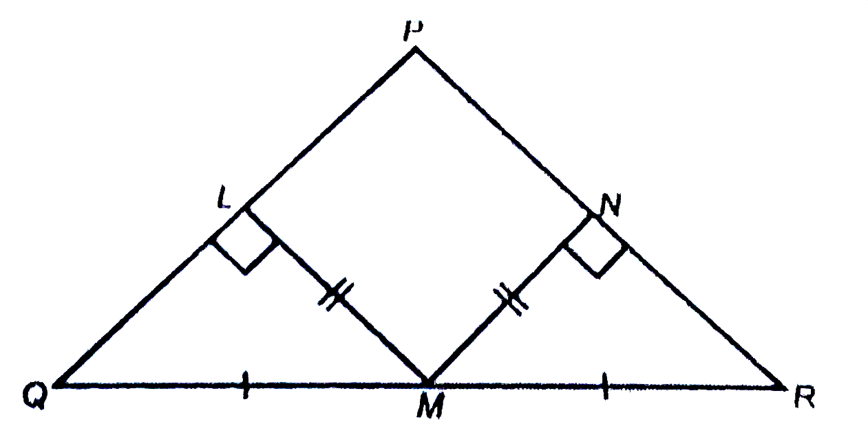 In trianglePQR, angleP=72^(@), M is the mid point of side QR, and L and N are the feet of perpendicular drawn from M to PQ and PR respectively . If LM=MN, then what is the measure of angleNMR ?