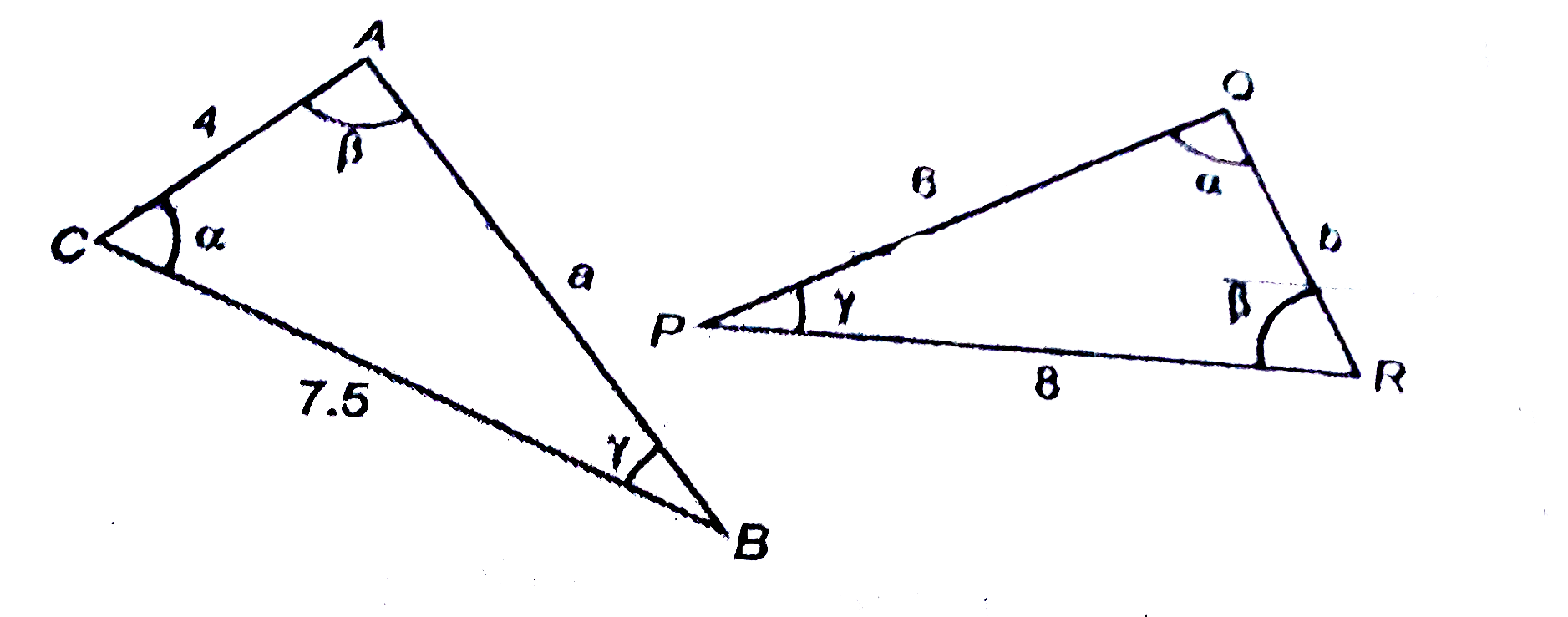 The triangles shown in adjoining figures are similar. Find the values of a and b.