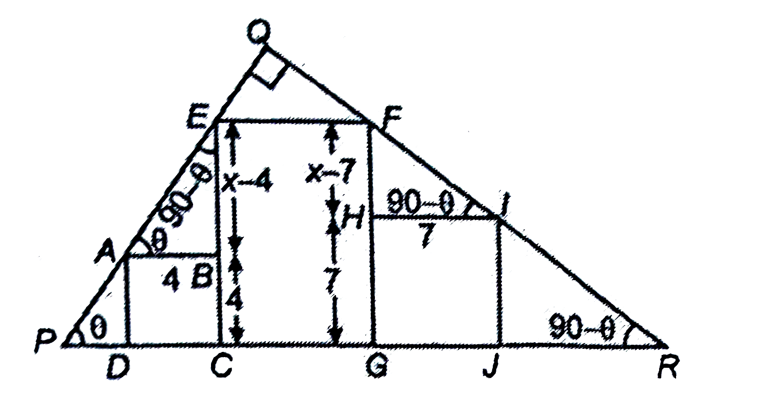 In the adjoining frigure , trianglePQR is a right angled triangle in which anglePQR=90^(@), squreABCD is a square of side 4 units and squre GHIJ is a square of side 7 units. EC and CG are the length and breadth of rectangle CEFG.  Find the length EC.