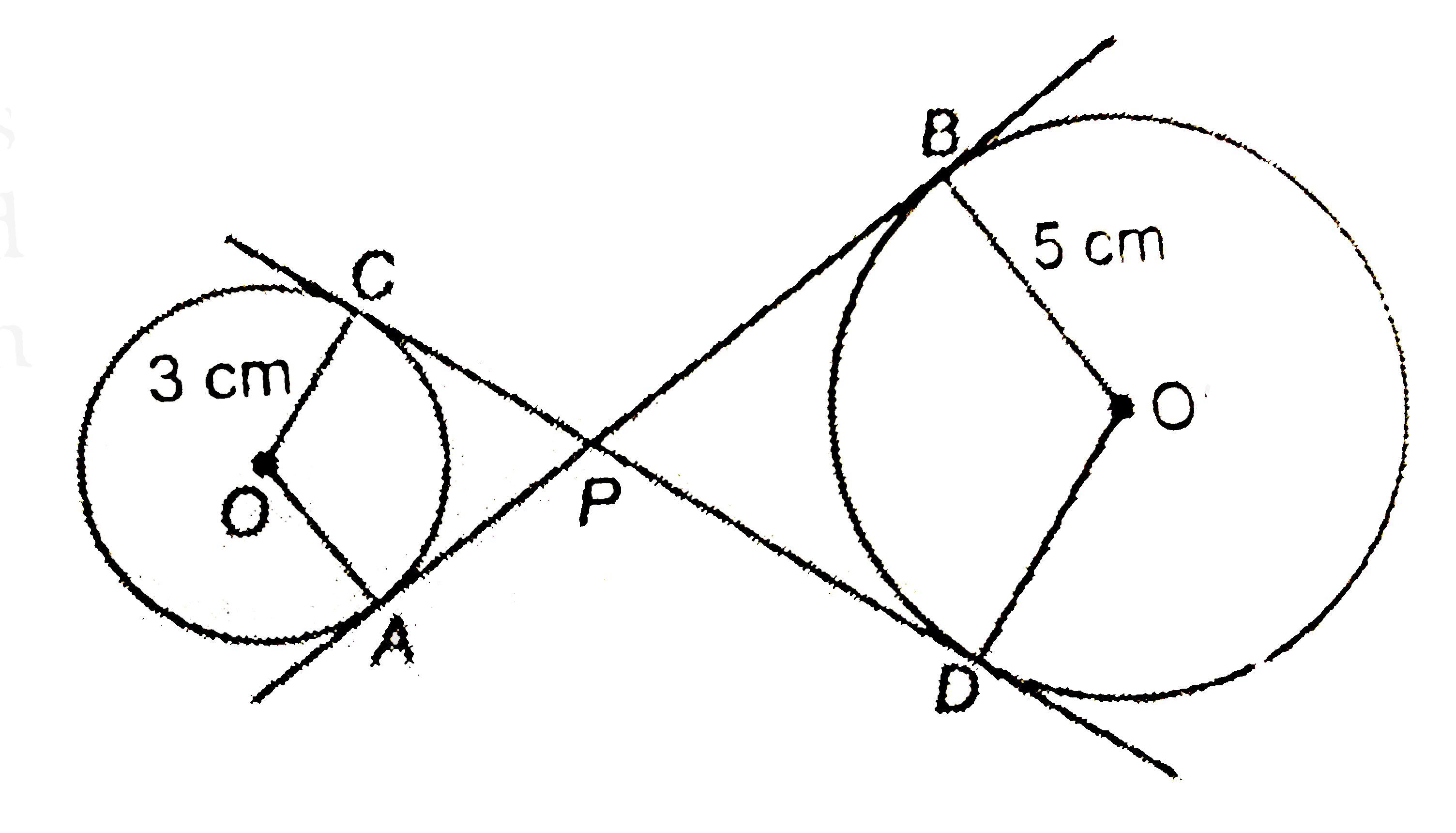 In figure, CPD and APB are common tangents to the two circles with centres O and O'. The radii of the two circles are 3 cm and 5 cm respectively. If AP : PB = 1 : 3 and CP = 4 cm. Find the length of PB and OO'.