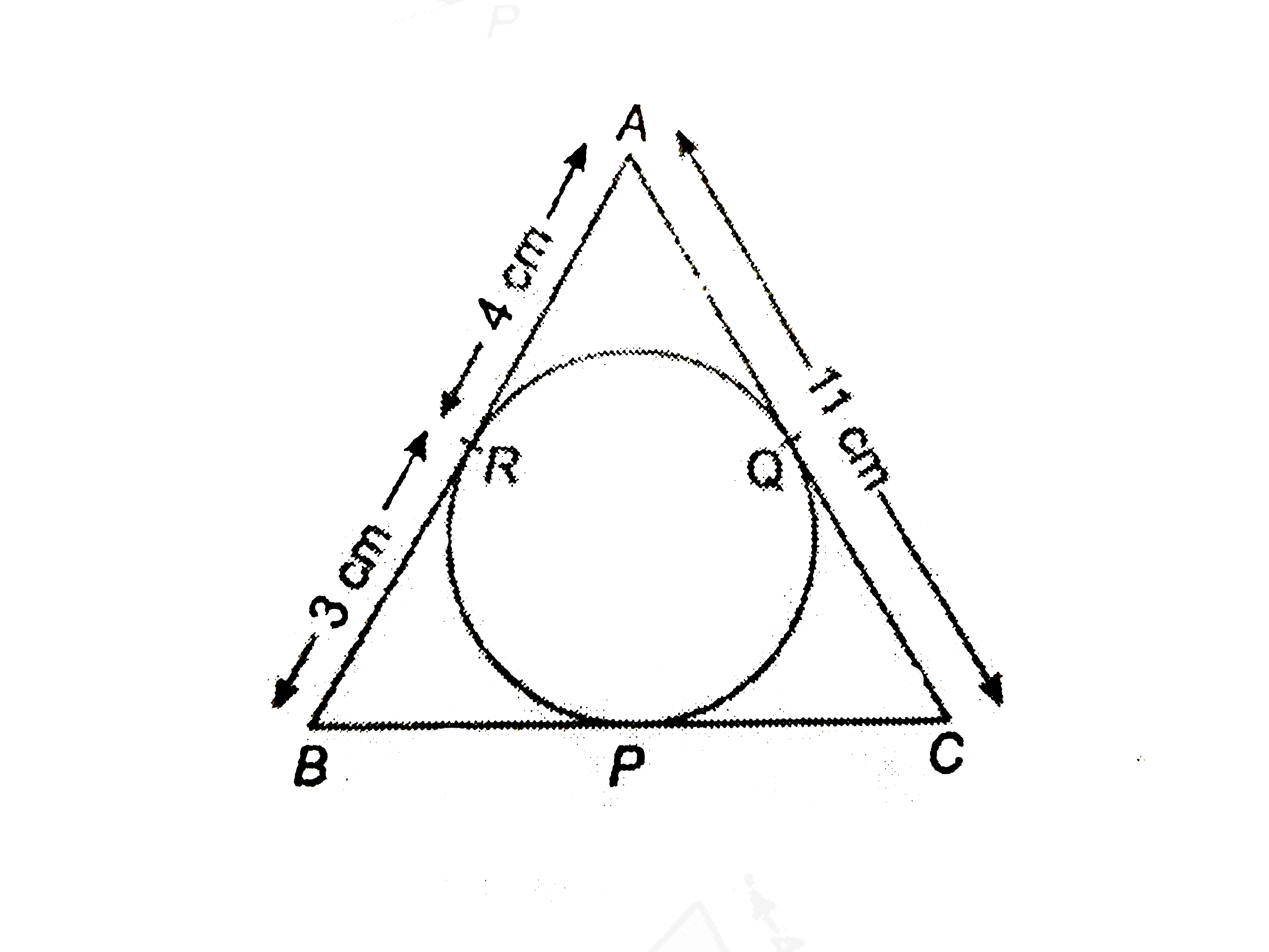 In the given figure triangleABC is circumscribing a circle. Find the length of BC. Given AR=4cm, RB=3cm and AC=11cm.