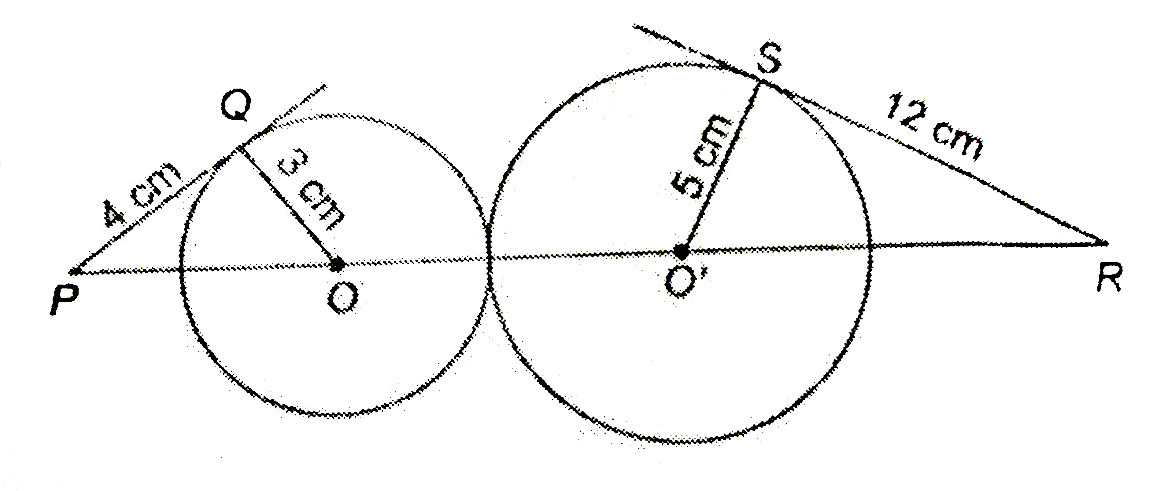 In the given figure find the length of PR.   Given PQ=4cm, O3cm , O'S=5cm and SR=12cm.