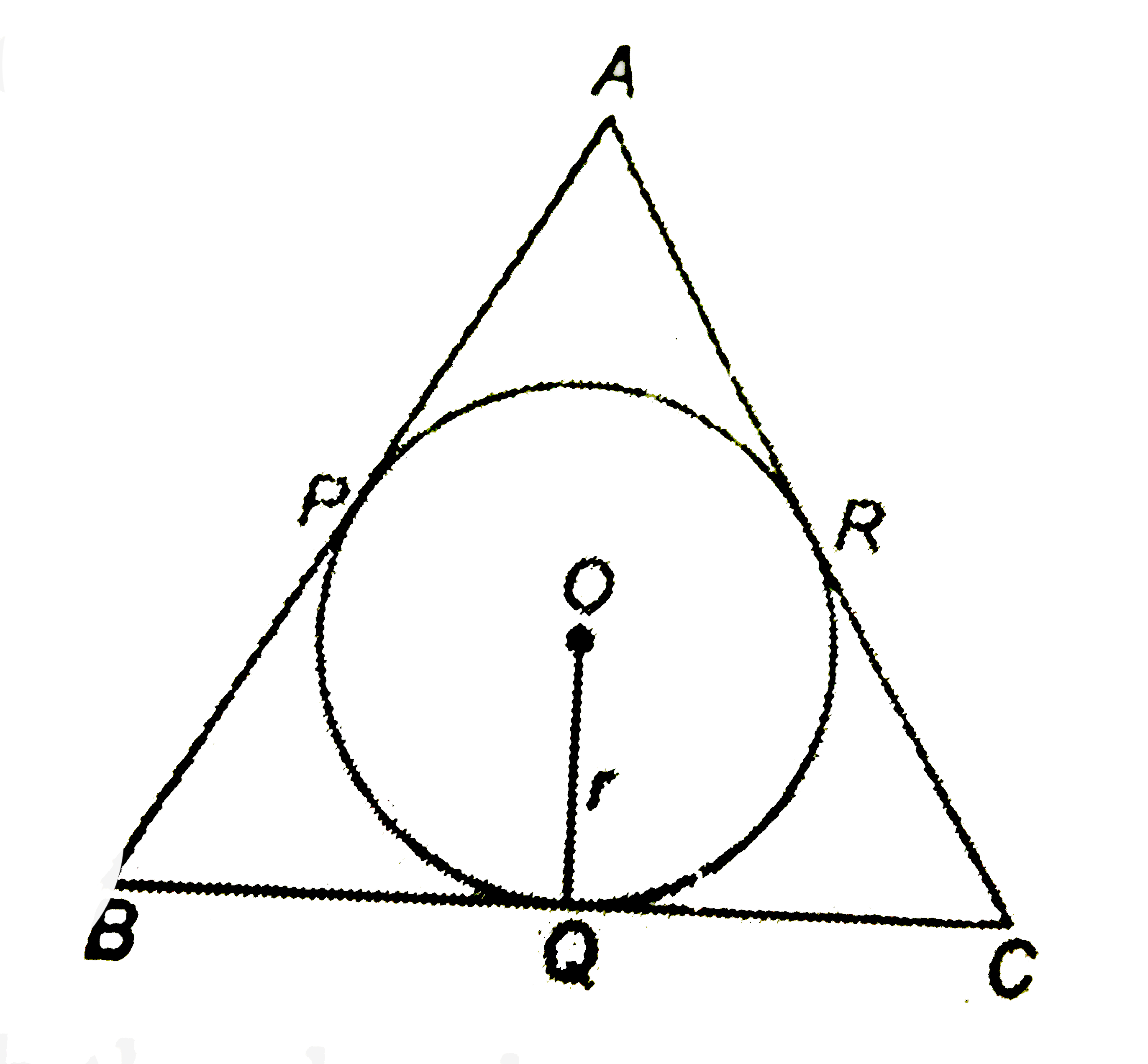 In the given figure the sides AB, BE and CA  of triangle ABC touch a circle with centre O and radius r at P,Q and R respectively.   Prove that : (i) AB+CQ=AC+BQ   (ii) Area (triangleABC)=(1)/(2)(
