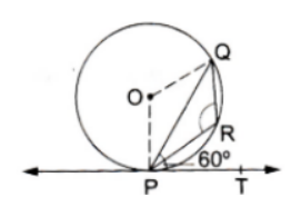 In the adjoining figure, PQ is a chord of a circle and PT is the tangent at P such that angleQPT=60^(@).Find anglePRQ.