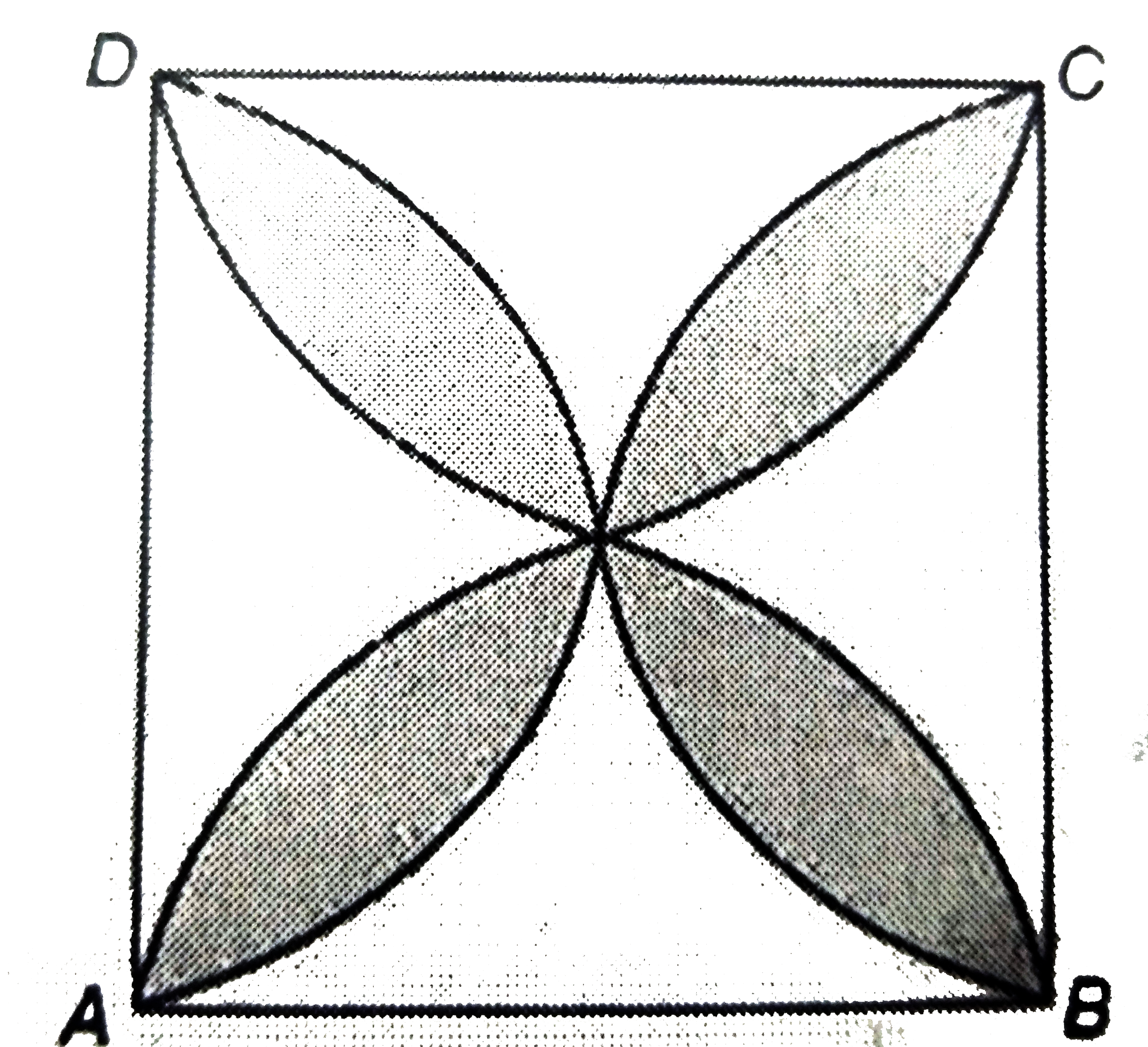 The given figure shows a square ABCD of side 20 cm. Semicircle are drawn with each side of the square as diameter. Find the area of the shaded portion. (Use pi = 3.14)