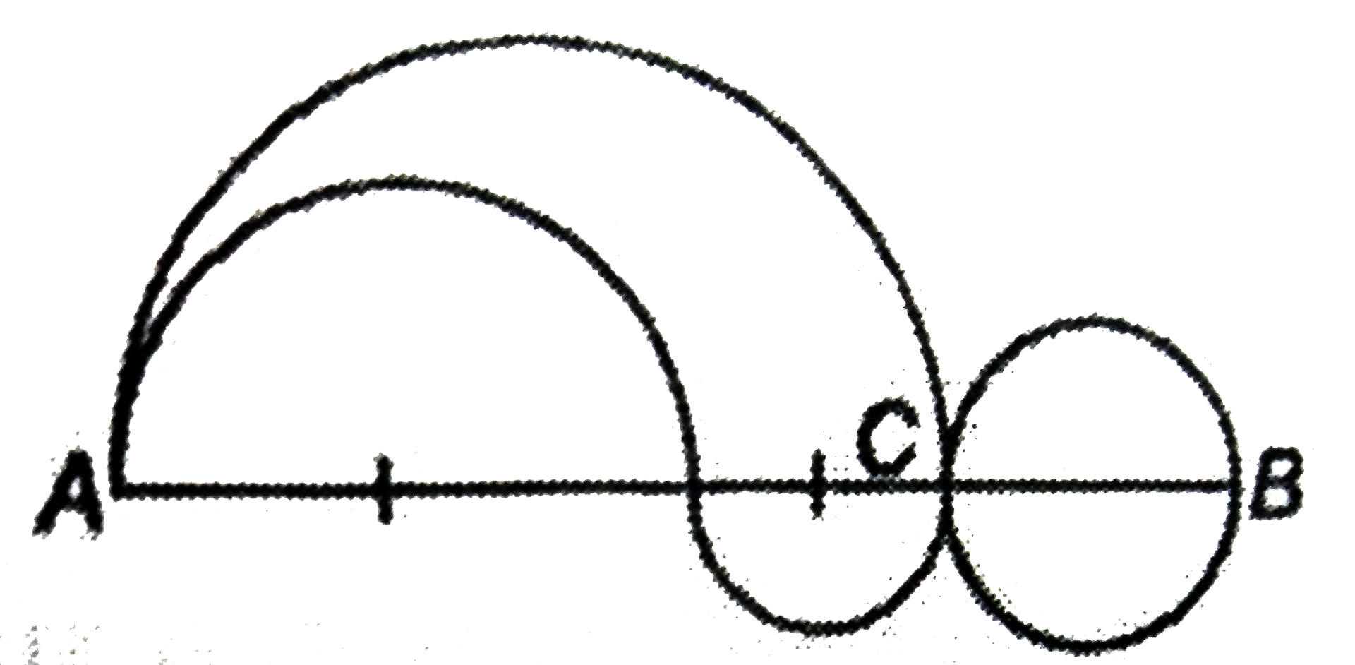 In the given figure, their are three semi circular arcs and one circle. The smaller arcs are equal. If AB = 6 cm, AC = 4 cm. Find the complete length of two figure. ltrbgt