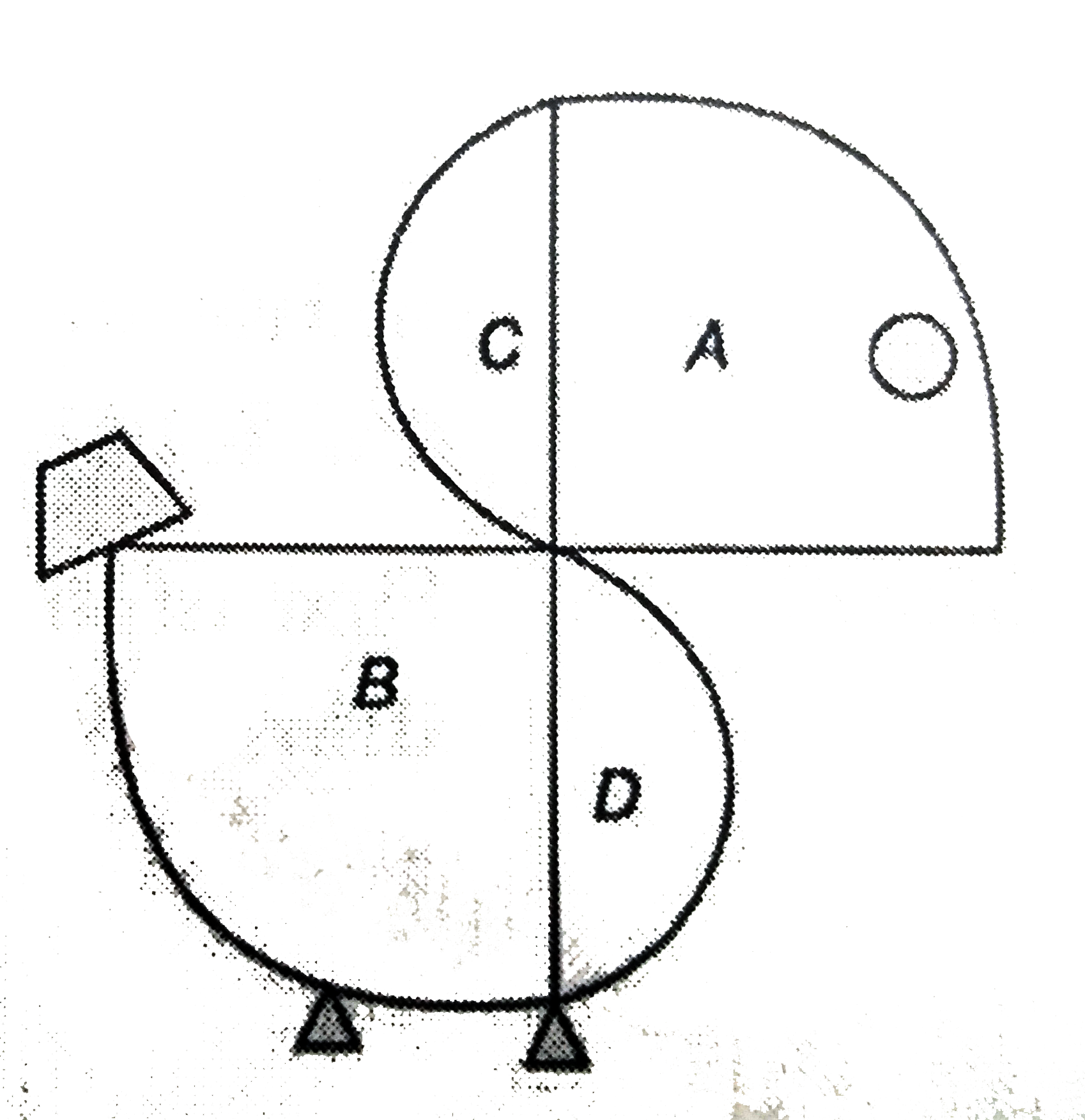 In the adjoining line diagram, a birds is shwon having its one eye, two legs and one tail in shaded portions. Head and lower part are formed with two quarter circles A and B with diameters 10 cm each and two semicircles C and D with diameters 4 cm each. An eye has a radius 0.5 cm. Each leg is in the shape of equilateral Delta with sides 1 cm each and a tail is a trapezium with parallel sides 1 cm and 3 cm and the distance between these sides is 1.5 cm. Find the area covered by this bird. (Take pi = 3.14, sqrt3 = 1.732)