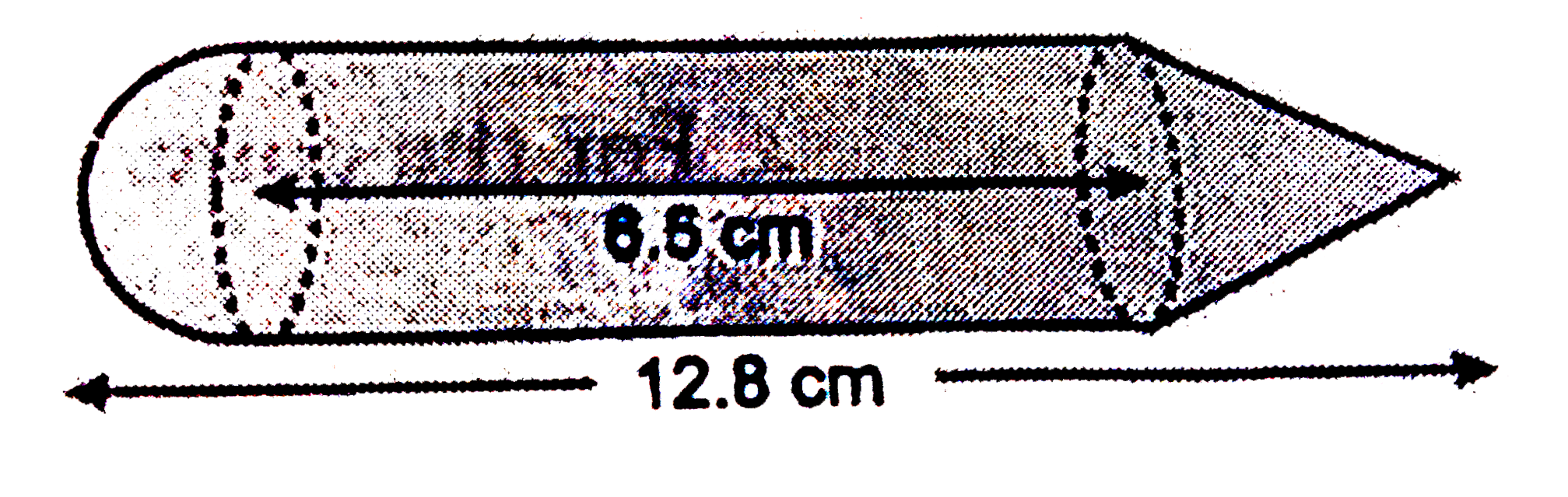 The adjoining figure represents a solid consisting  of a cylinder surmounted by a cone at one end and a hemisphere at  the other end. Given that common radius =3.5 cm the height of the cylinder =6.5 cm and the total height =12.8 cm , claculate the volume of the solid correct to the nearest cm.