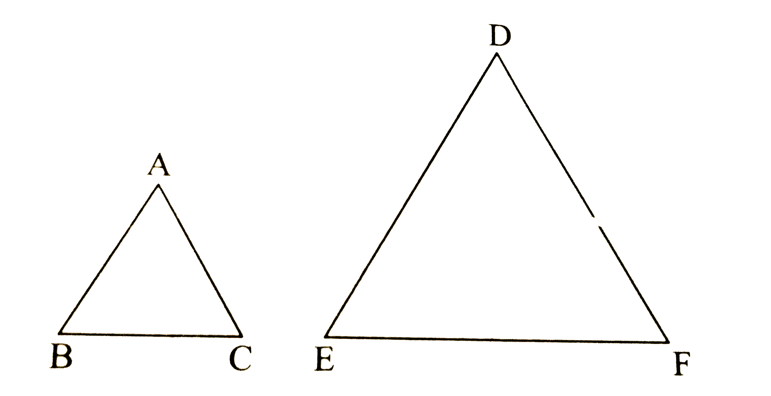 DeltaABC and DeltaDEF are equilateral triangles, A(DeltaABC) : A(DeltaDEF)= 1 :2.    If AB=4 then what is the length of DE?