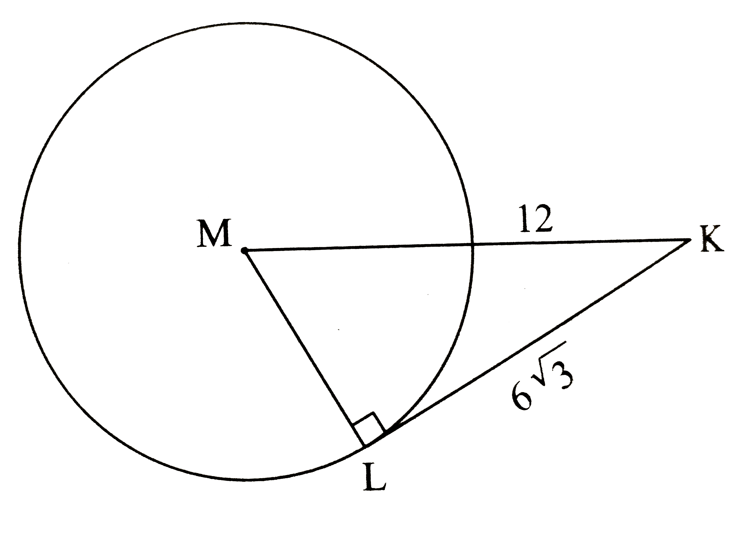 In the figure,  M is the centre of the circle and seg KL is a tangent segment. If MK = 12 , KL = 6 sqrt(3) then find,   (1) Radius of the circle,    (2) Measures of / K  and / M .