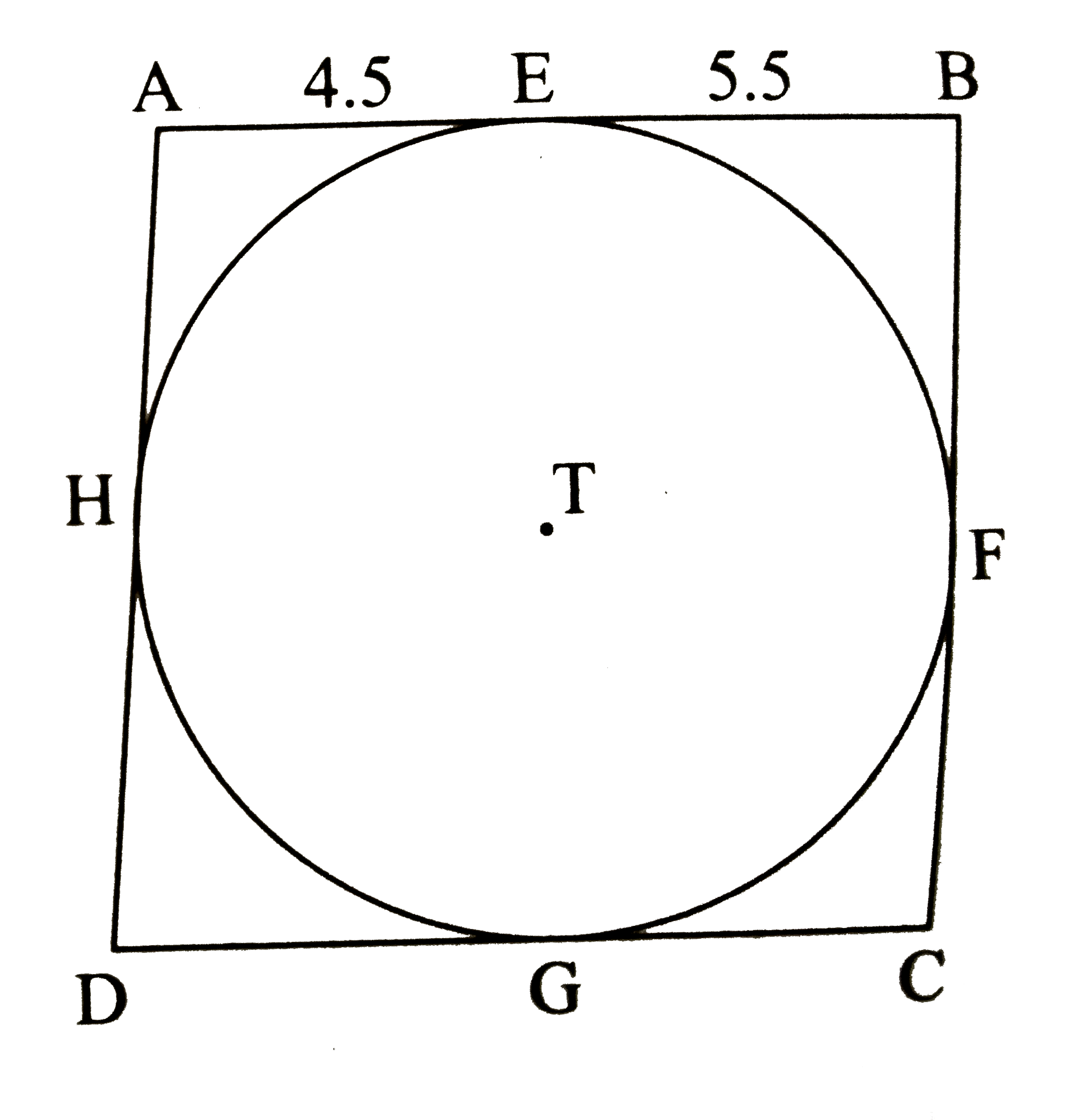 In the figure, square ABCD is a parallalogram. It circumscribes the cirlcle with centre T. Point E,F,G,H are touching points. If AE = 4.5 ,EB = 5.5 , find AD.