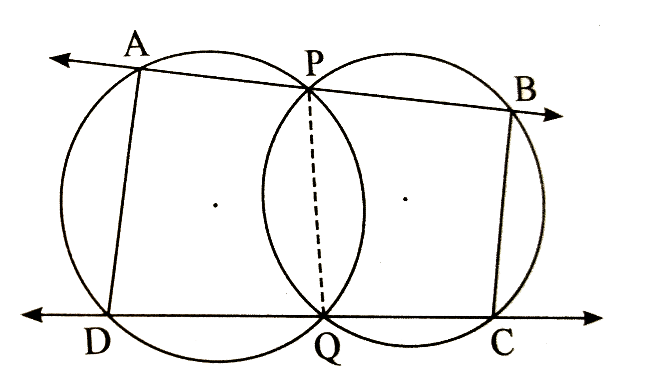 Two circles intersect each other at point P and Q. Secants drawn through p and Q intersect the circles at points A,B and D,C     Prove that : / ADC  + / BCD = 180^(@)