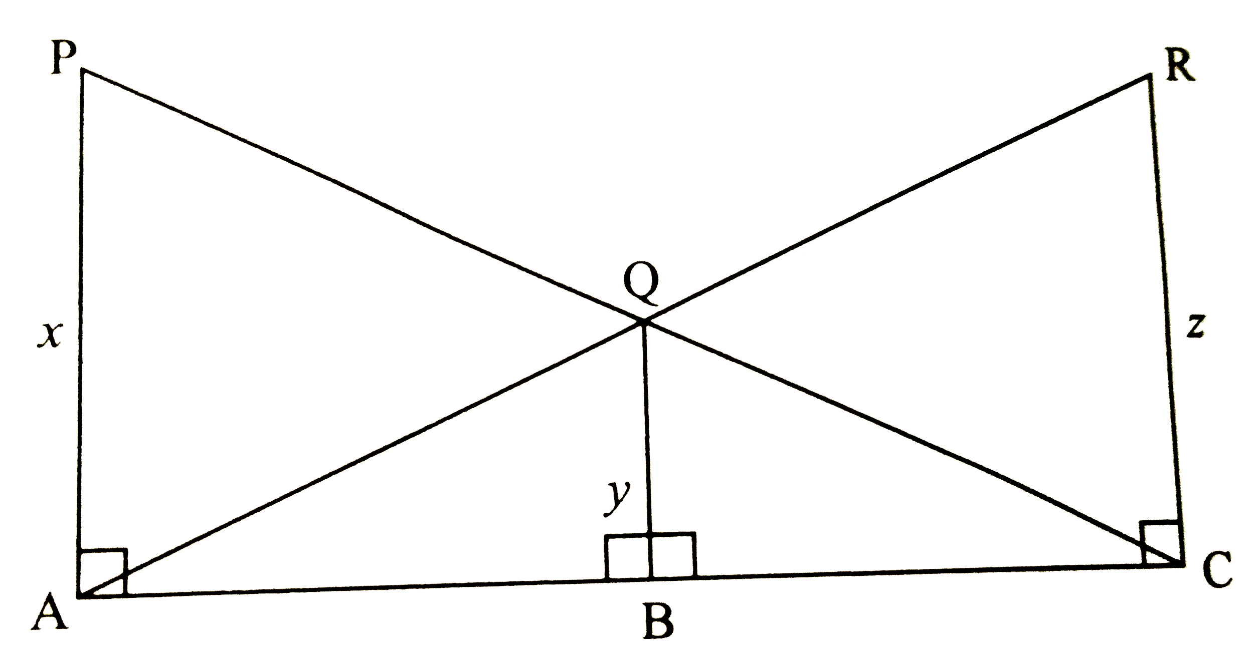 In the above figure, seg PA, seg QB and seg RC are perpendicular to seg AC. From the information given in the figure, prove that:   (1)/(x) + (1)/(z) = (1)/(y)