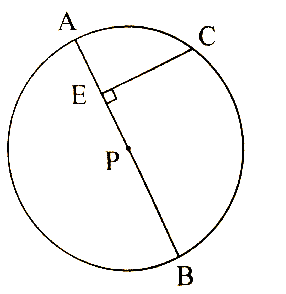 In the above figure, seg AB is a diameter of a circle with centre P.C is any point on the circle. Seg CE | seg AB. Prove that CE is the geometric mean of AE and EB. Write the proof with the help of   following steps:   (a) Draw ray CE. It intersects the circle at D.   (b) Show that CE = ED.   Write the result using theorem of intersection of chords insides   a circle.   (d) Using CE = ED, complete the proof.