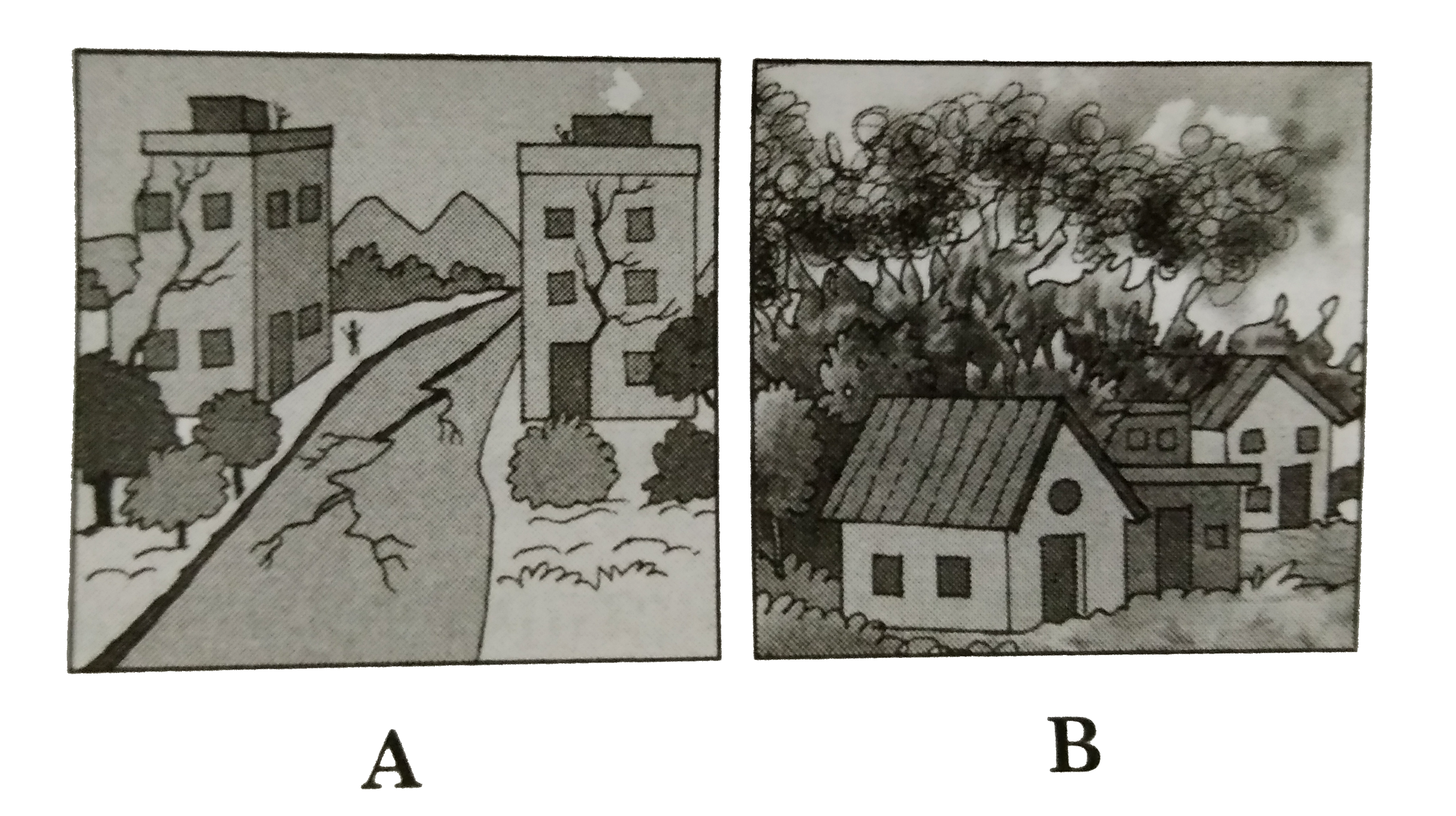Observe the image A and B and answer the question.       Which disasters are shown in the images ?