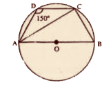 दी गई आकृति में ABCD एक चक्रीय चतुर्भुज भुजा AB वृत्त का व्यास है। यदि angleADC = 150^(@) हो, तो angleBAC ज्ञात कीजिए।