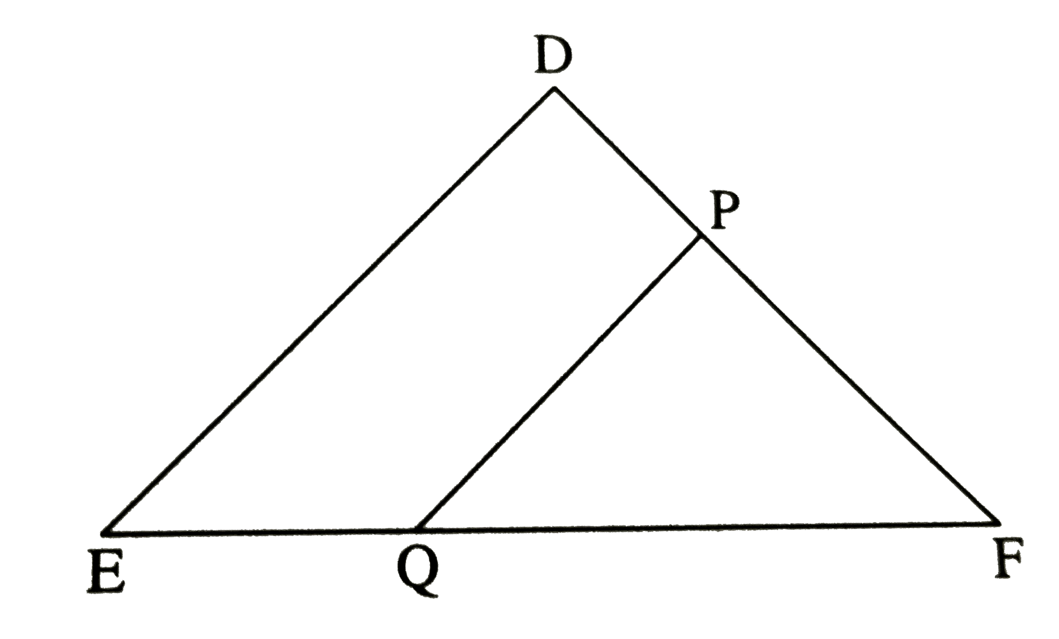In the figure  seg PQ|| seg DE, A(DeltaPQF)=20 units PF=2DP,then find A(square DPQE) by completing the following activity:      Activity: A(DeltaPQF)=20 sq units, PF=2DP.   Let us assume DP=x   :.PF=2x   DF=DE+square=square+square=3x   In DeltaFDE and DeltaFPQ.   /FDE~=/square ..........(Corresponding angles)   /FED~=/square .....(Corresponding angles)   :.DeltaFDE~DeltaFPQ .....(AA test)   :.(A(DeltaFDE))/(A(DeltaFPQ))=(square)/(square)=((3x)^(2))/((2x)^(2))=9/4   A(DeltaFDE)=9/4A(DeltaFPQ)=9/4xxsquare=square   A(squareDPQE)=A(DeltaFDE)-A(DeltaFPQ)   =square-square   =square