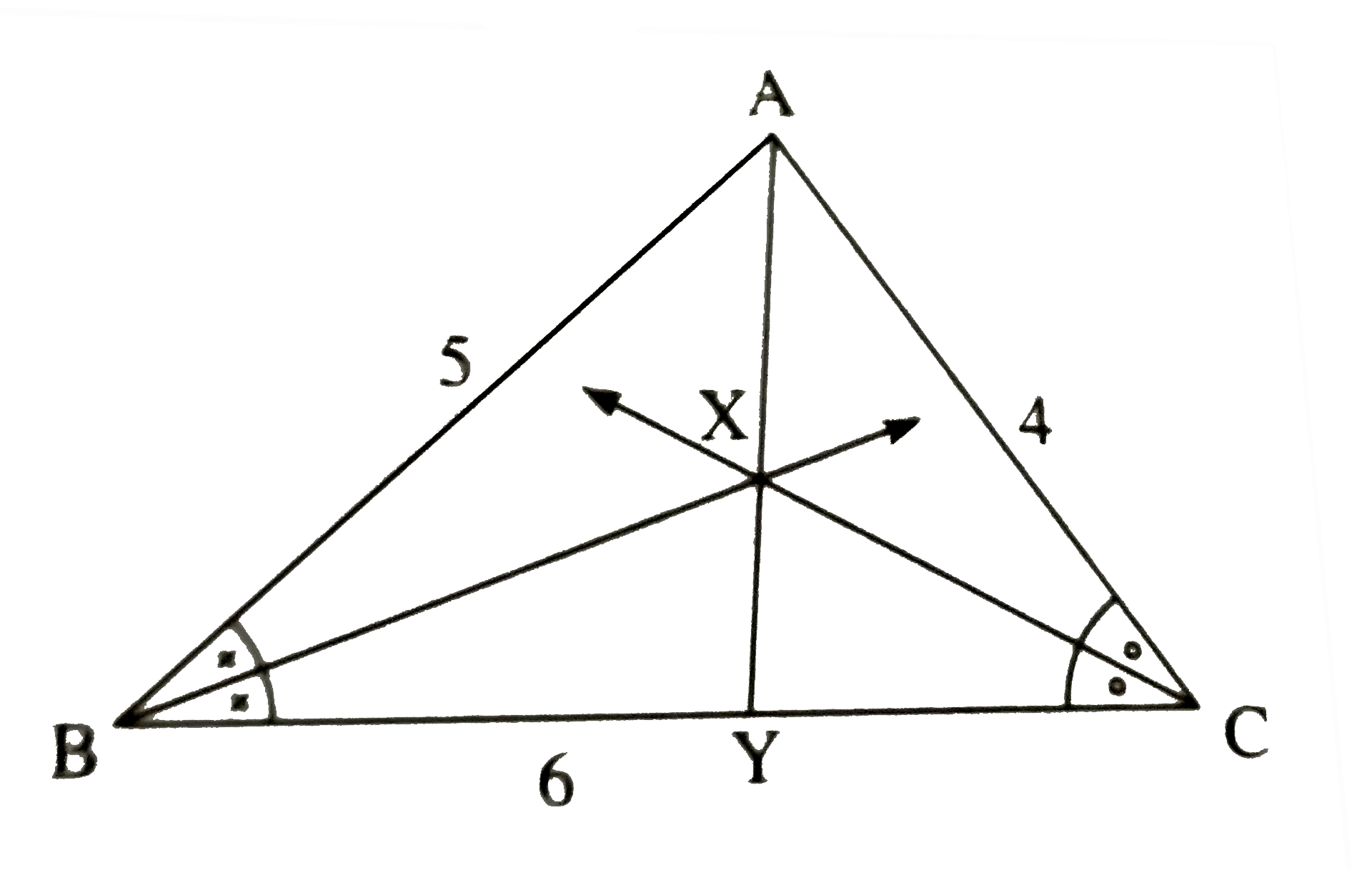 In the figure bisectors of /B and /C of DeltaABC intersect each   other in point X. Line AX intersects side BC in pont Y. AB=5, AC=4, BC=6 then find (AX)/(XY)