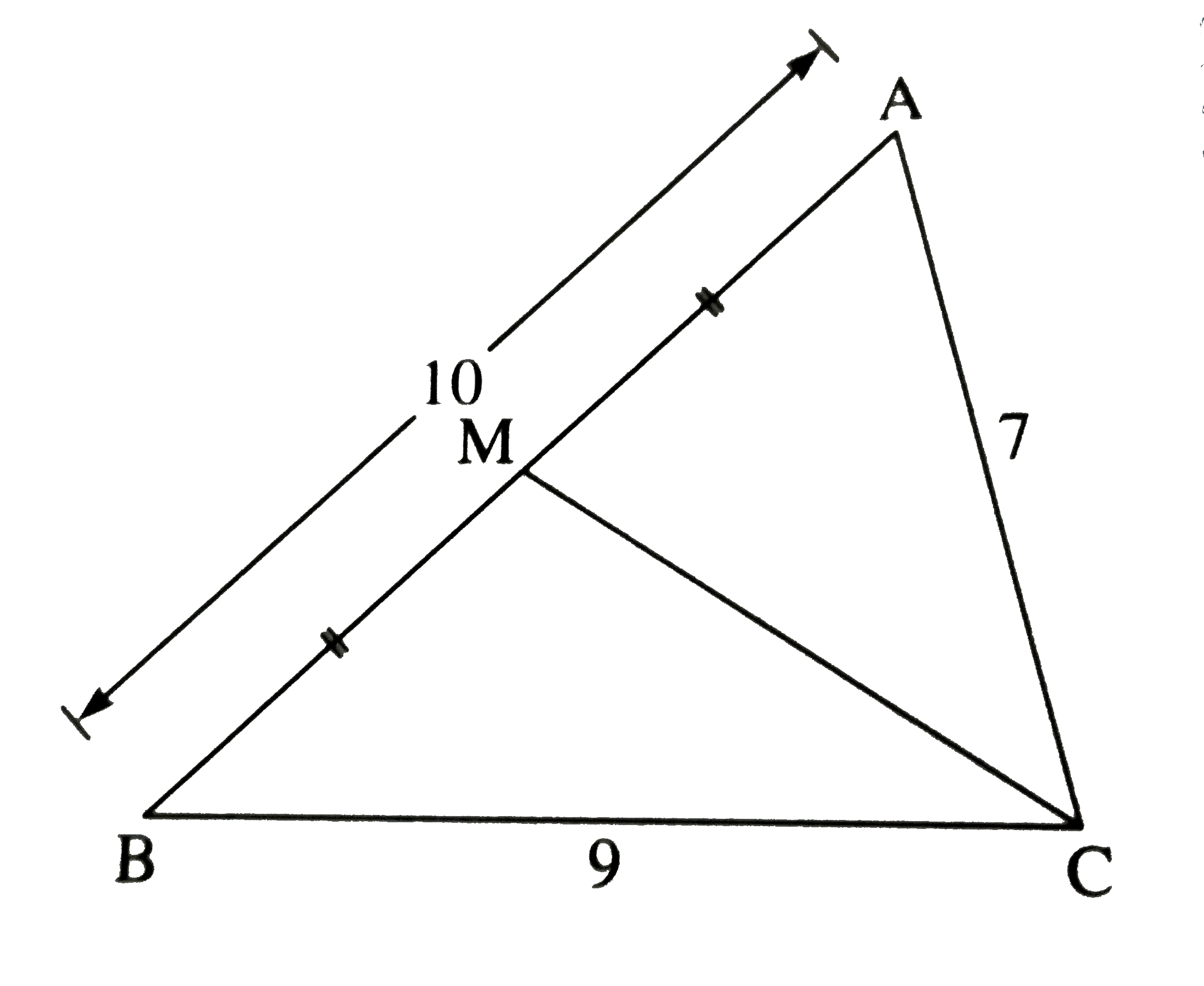 In triangle ABC , AB = 10    AC = 7 , BC = 9   then find the length find the length of the median drawn from point C to side AB .