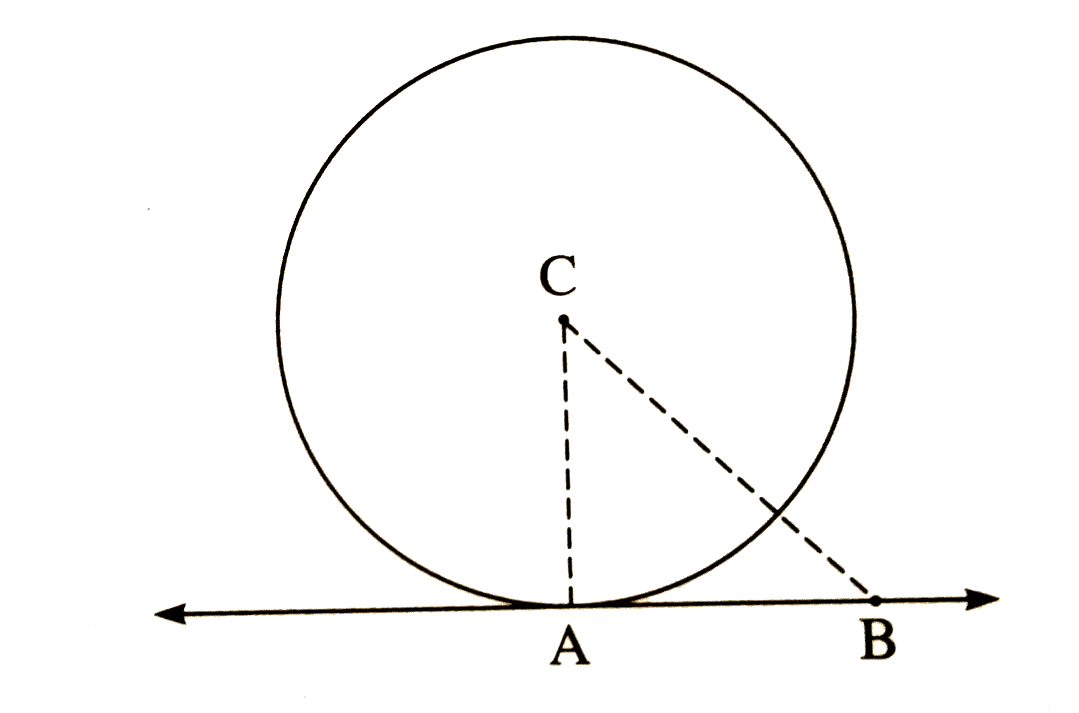 In the figure, the radius of a circle with centre C is 6 cm, line AB is a tangent at A and AB is 6 cm. Answer the following questions.     What is the measure of /ABC? Why?.