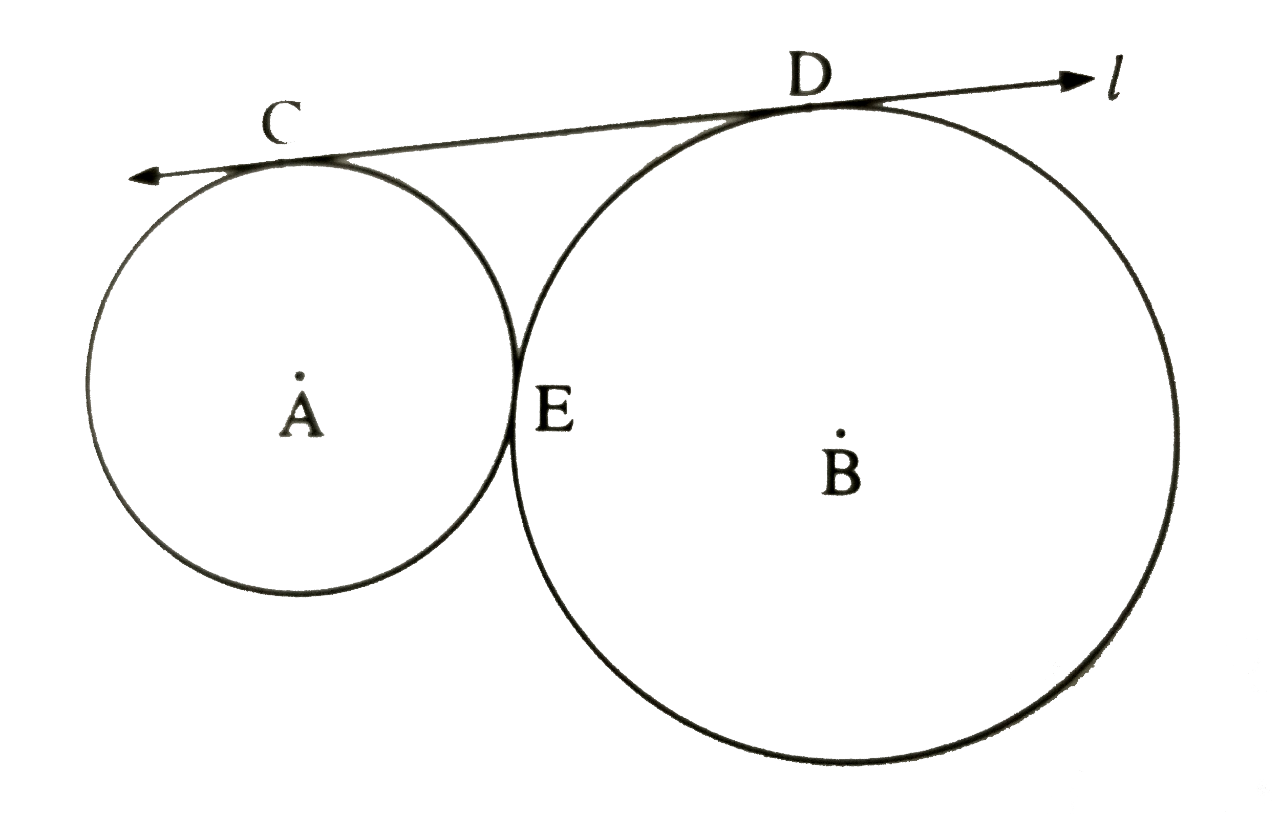 In the figure, the circles with centeres A and B touch each other at E. Line l is a common tangent which touches the circles at C and D respectively. Find the length of seg CD, if the radii of the circle are 4 cm, 6 cm.