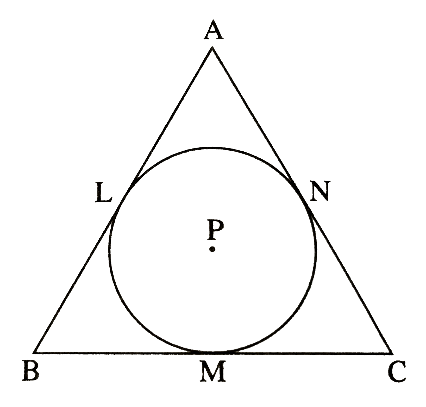 A circle with centre P is inscribed in the triangle ABC. Side AB, side BC and side AC touch the circle at points L,M and N respectively. Radius of the circle is r. Prove that: A( triangle ABC)=(1)/(2)(AB+BC+AC)xxr.