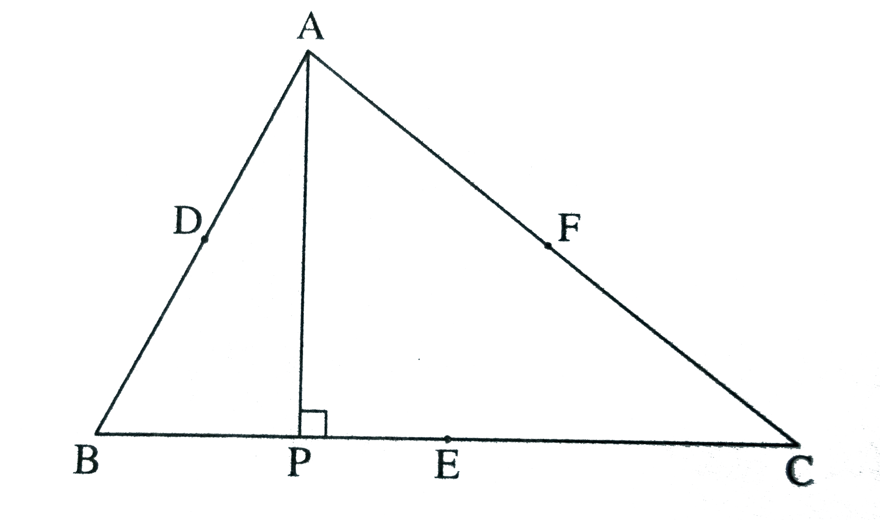 In the figure, D E and F are midpoints of sedes AB,BC and AC respectively. P is the foot of the perpendicular from A to side BC. Show that points D, E,F and P are concyclic.