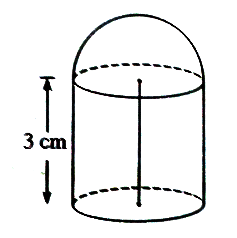 The lower part of the metallic container is right circular cylinder and its lid is hemispherical. The volume of the cylinder is 942cm^(3) and height is 3 cm. The diameter of the cylinder and the hemisphere is same. Find the area of the sheet for preparing the container.