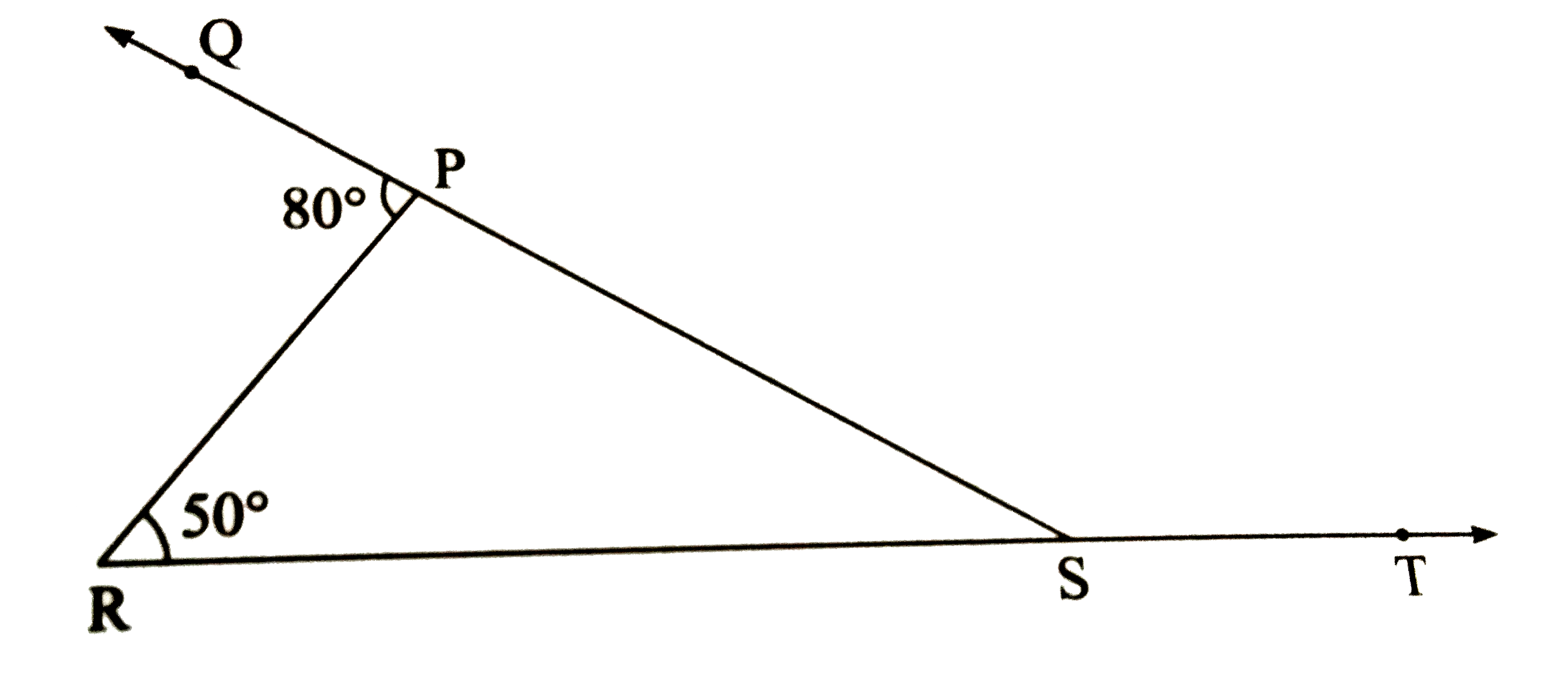 In the figure , angle  QPR and angle PST  are exterior angles of triangle PRS .  If angle PRS=50 ^@  and angle QPR= 80^@  , then find measure of angle PST.