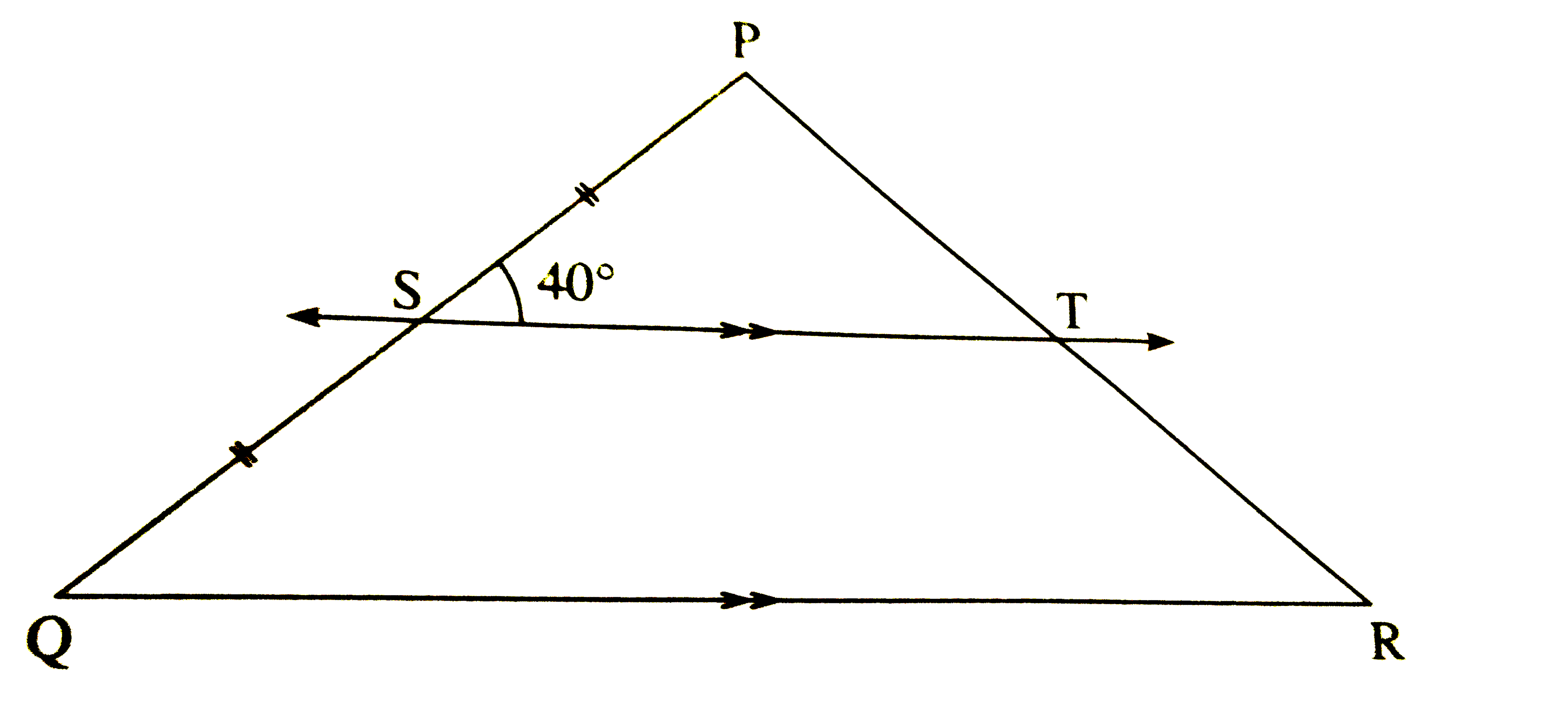 In the figure , S is the midpoint of seg PQ . Line ST || side QR and PT =5 cm , then find PR. Justify your answer.