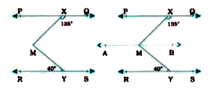In the given figure 1, if PQ||RS,angleMXQ=135^(@) and angleMYR=40^(@), find angleXMY.