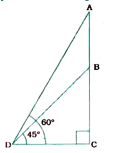 From a point on the ground, the angles of elevation of the bottom and the top of a transmission tower fixed at the top of a 20m high building are 45^(@) and 60^(@) respectively. Find the height of the tower.
