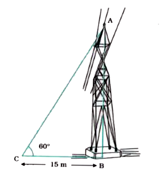 A tower stands vertically on the ground. From a point on the ground, which is 15m away from the foot of the tower, the angle of elevation of the top of the tower is found to be 60^(@). Find the height of the tower.