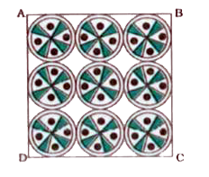 On a square handkerchief, nine circular designs each of radius 7 cm are made (see the given figure). Find the area of the remaining portion of the handkerchief.