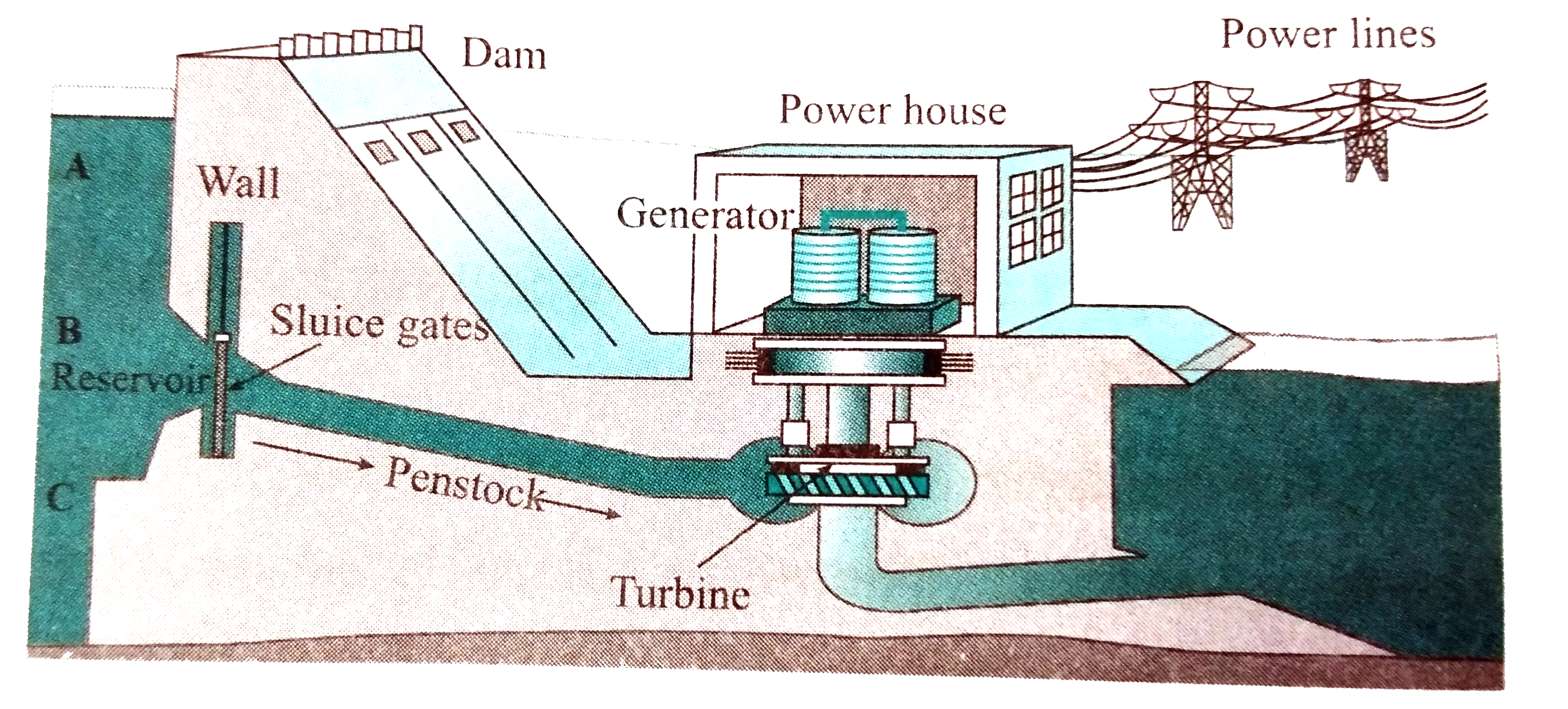 The schematic of hydroelectric plant is shown in Figure 5.17 on textbook . Water from about middle of the total height of the dam is taken to the turbine, as shown by point B in the diagram.   What will be the effect on electricity generation, if the channel taking water to turbine starts at point A?