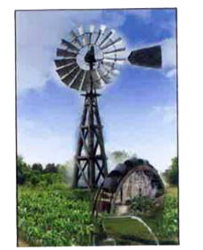 A picture to demonstrate windmill and its function.   What function does windmill show in the picture ?