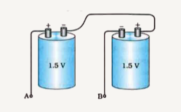 Connection of two cells of 1.5 V is shown in the following figure:       What is the voltage between the points A and B?