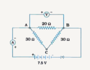 In the circuit shown in figure given below and find the current recorded by the ammeter (A).