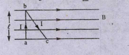 A wire abc is carrying current I. It is bent as shown in the figure and is placed in a uniform magnetic field B.Length ab = 1 and lfloor abc = 45^@. What is the ratio of force on bc to that on ab