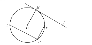 In the figure below, G is the center of the circle, bar(LK) is a diameter, H lies on the circle, J lies outside the circle on bar(LK) and bar(JM) is tangent to the circle at M. Which of the following angles or minor area has the greatest degree measure?
