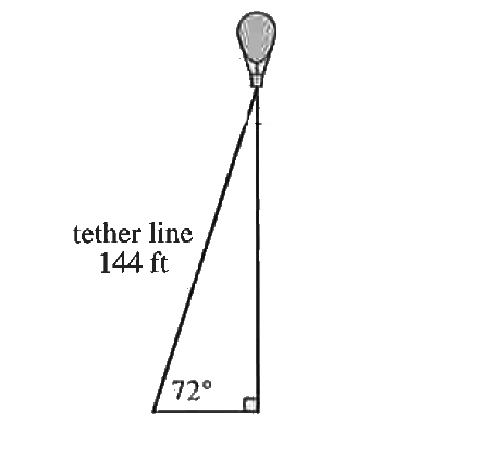 The bottom of the basket of a hot-air balloon is parallel to the level ground. One taut tether line 144 feet long is attached to the centre of the bottom of the basket and is anchored to the ground at an angle of 72^(@), as shown in the figure below. Which of the following expressions gives the distance, in feet, from the center of the bottom of the basket to the ground?