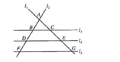 Lines l(2) and l(2) intersect each other and 3 parallel lines, l(3), l(4) and l(5), at the points shown in the figure below. The ratio of the perimeter of /\ABC to the perimeter of /\AFG is 1:3 . The ratio of DE to FG is 2:3. What is the ratio of AC to CE?