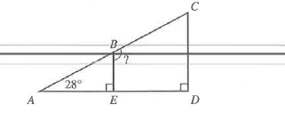 In /\ACD below, B is on bar(AC), E is on bar(AD), the measure of /CAD is 28^(@), and bar(AD) is perpendicular to both bar(BE) and bar(CD). What is the measure of /CBE?
